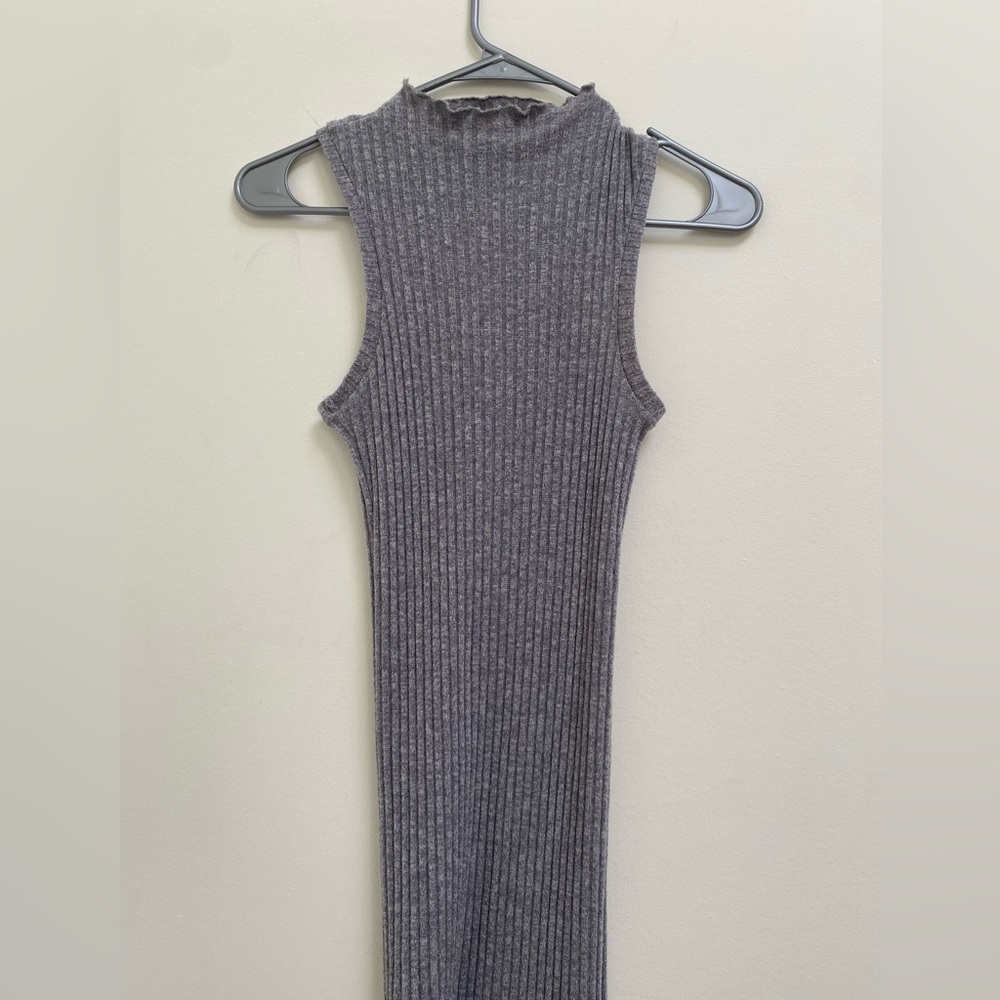 Sleeveless Ribbed Mock Neck Maxi Dress -  Gray